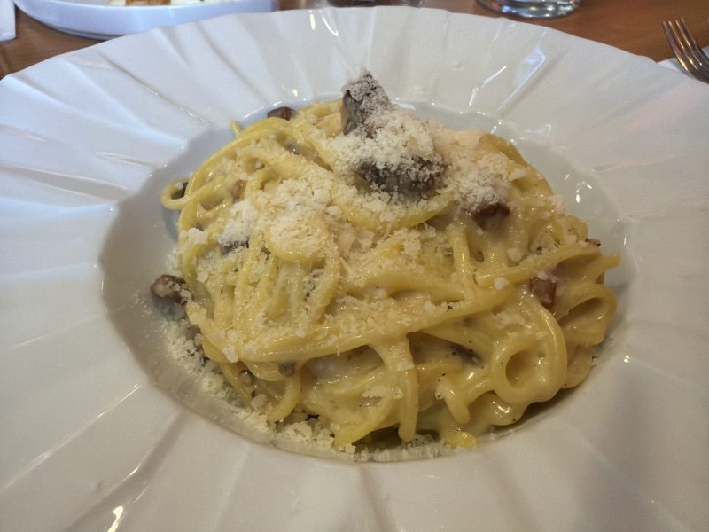 Classic Pasta Carbonara with Generous Cheese and Mushrooms
